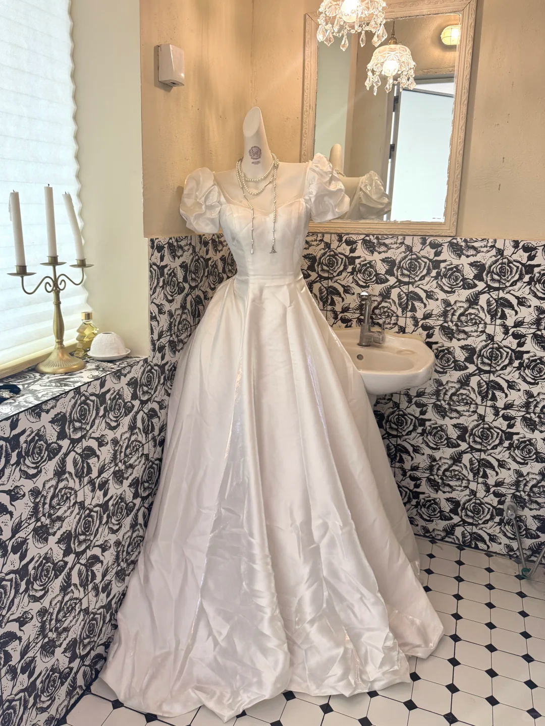 White Puff Sleeve Square Neck Satin Waist-Cinched Fitted Full Flared Romantic Dress, Wedding Gown gh7544