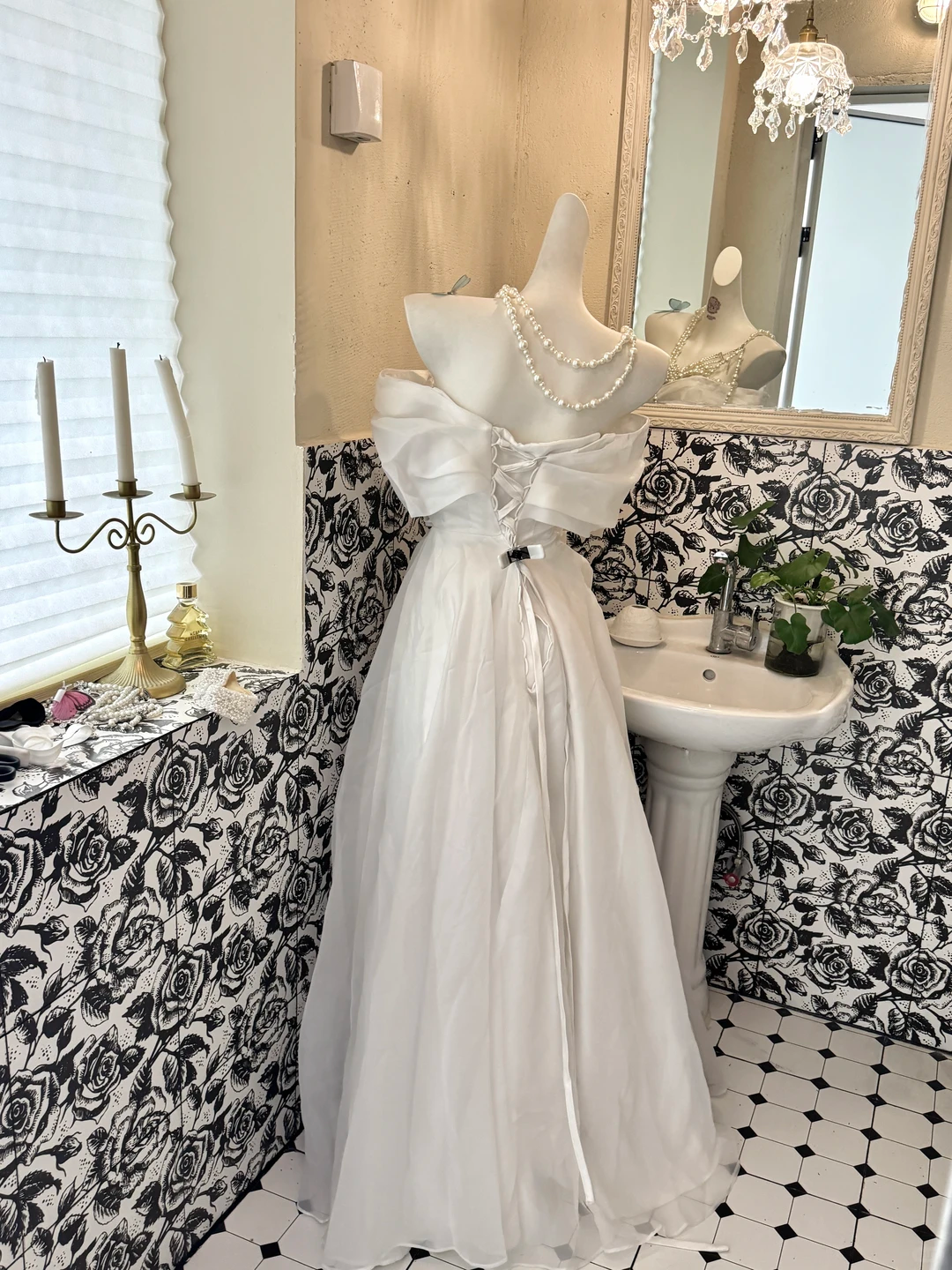 White Off-the-Shoulder Waist-Cinched Voluminous Skirt Long Romantic Dress, Wedding Gown gh7683