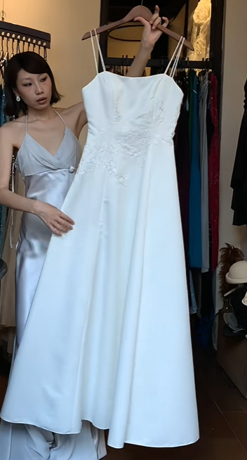 Double Spaghetti Straps White Satin Evening Gown Floral Lace Applique A-Line Long Prom Dress gh9699