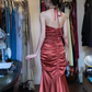 Halter V Neck Caramel Satin Mermaid Prom Dress Ruched Front Formal Evening Gown gh9802