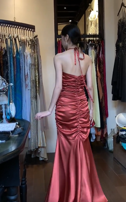 Halter V Neck Caramel Satin Mermaid Prom Dress Ruched Front Formal Evening Gown gh9802