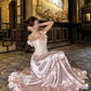 Rosa Vintage langes Satin formelles Ballkleid Abendkleid Partykleid gh4901