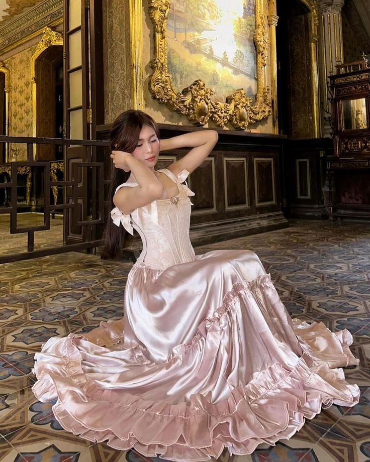 Rosa Vintage langes Satin formelles Ballkleid Abendkleid Partykleid gh4901