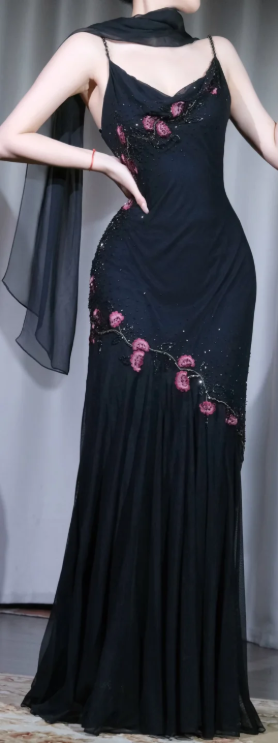 ✨Girlhomeshops-Black Floral Beaded Mermaid Prom Dress, Cowl Neck Spaghetti Straps Gown gh9918