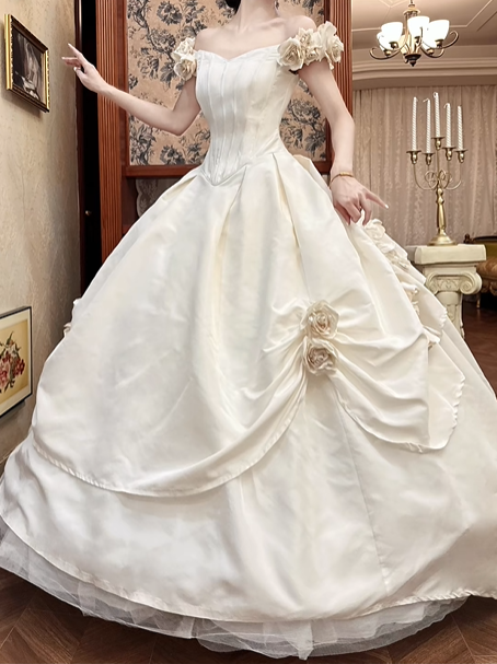 Ivory Vintage Satin Wedding Gown, Off‑the‑Shoulder Neckline, 3D Handmade Floral Shoulder Decor, Corset Boned Fitted Waist, Ball Gown Silhouette, Satin Draped Bows With 3D Rose Appliqués, Prom & Wedding Dress gh8671