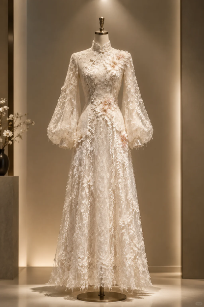 ✨Girlhomeshops-Ivory Lace 3D Flower Qipao Cheongsam Wedding Gown gh10376
