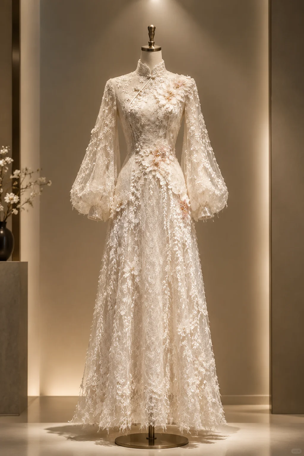 ✨Girlhomeshops-Ivory Lace 3D Flower Qipao Cheongsam Wedding Gown gh10376