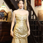 Gold Sequined Satin Mermaid Long Evening Gown Strapless Sweetheart Prom Dress gh9851