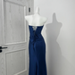 Navy Blue Strapless Waist-Cinched Slim Slit Sexy Prom Evening Gown gh7218
