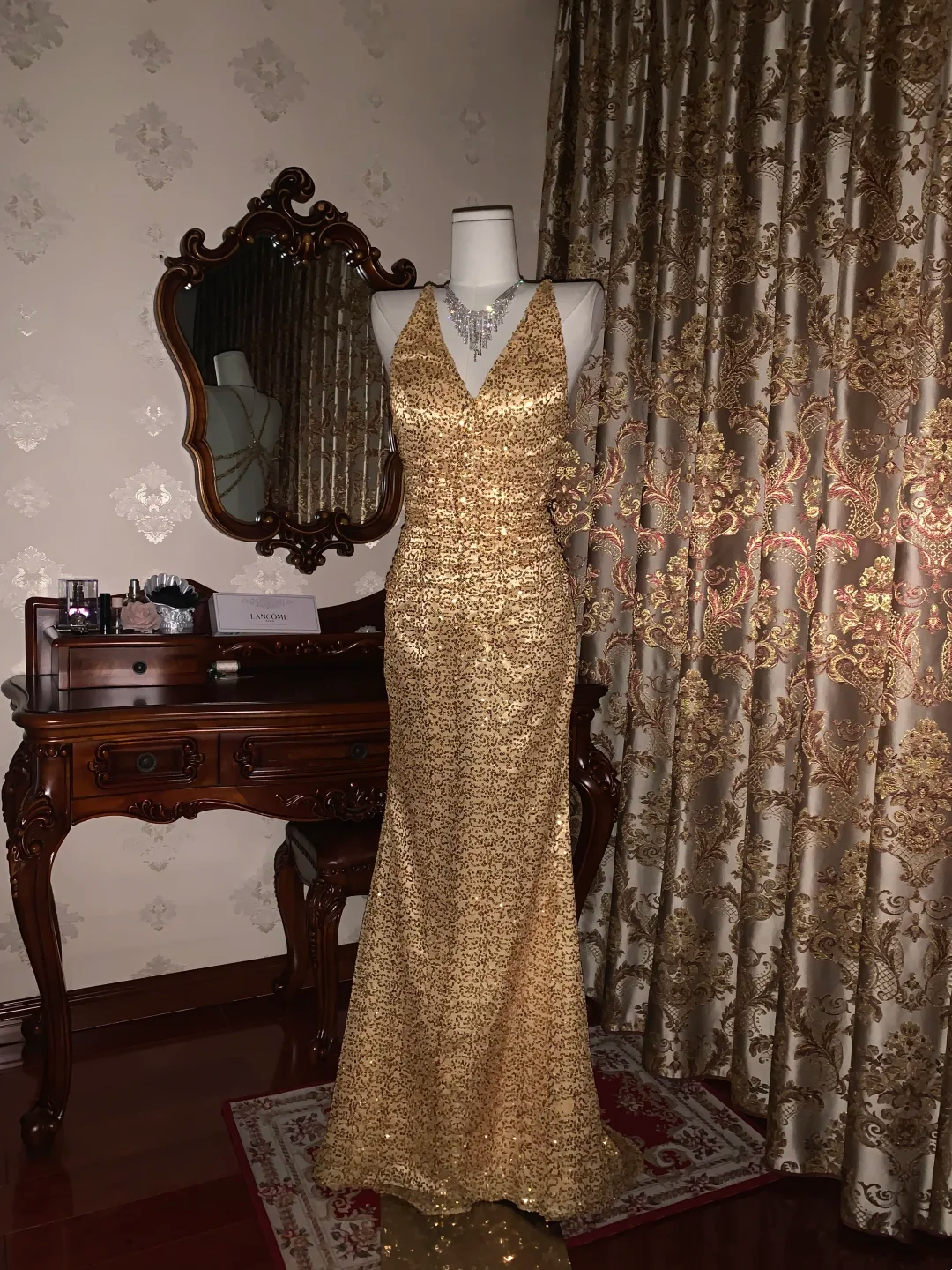 Gold Sequin Spaghetti Strap Fitted Waist Slim Sexy Prom Gown, Evening Dress, Graduation Prom Dress gh7262
