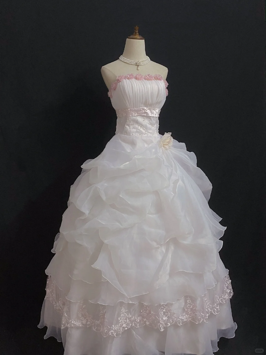 Blush Pink Strapless Long Romantic Wedding Dress, Cinched Waist, Voluminous Princess Skirt gh8342
