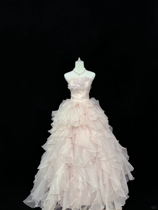 Blush Pink Strapless Cinched Waist Flowy Elegant Skirt Romantic Dress, Wedding Gown gh8077