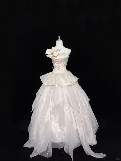 Blush Pink Satin Strapless Cinched Waist Multi-Layer Voluminous Skirt Long Romantic Dress, Wedding Gown gh7855