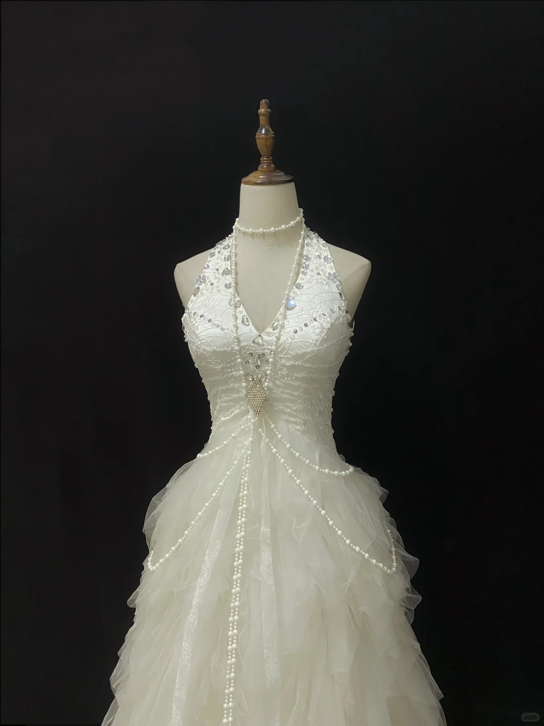 Off White Halter Romantic Gown, Rhinestone Embellishments, Cinched Waist, Fluffy Lovely Skirt, Wedding Dress & Bridal Gown gh8161