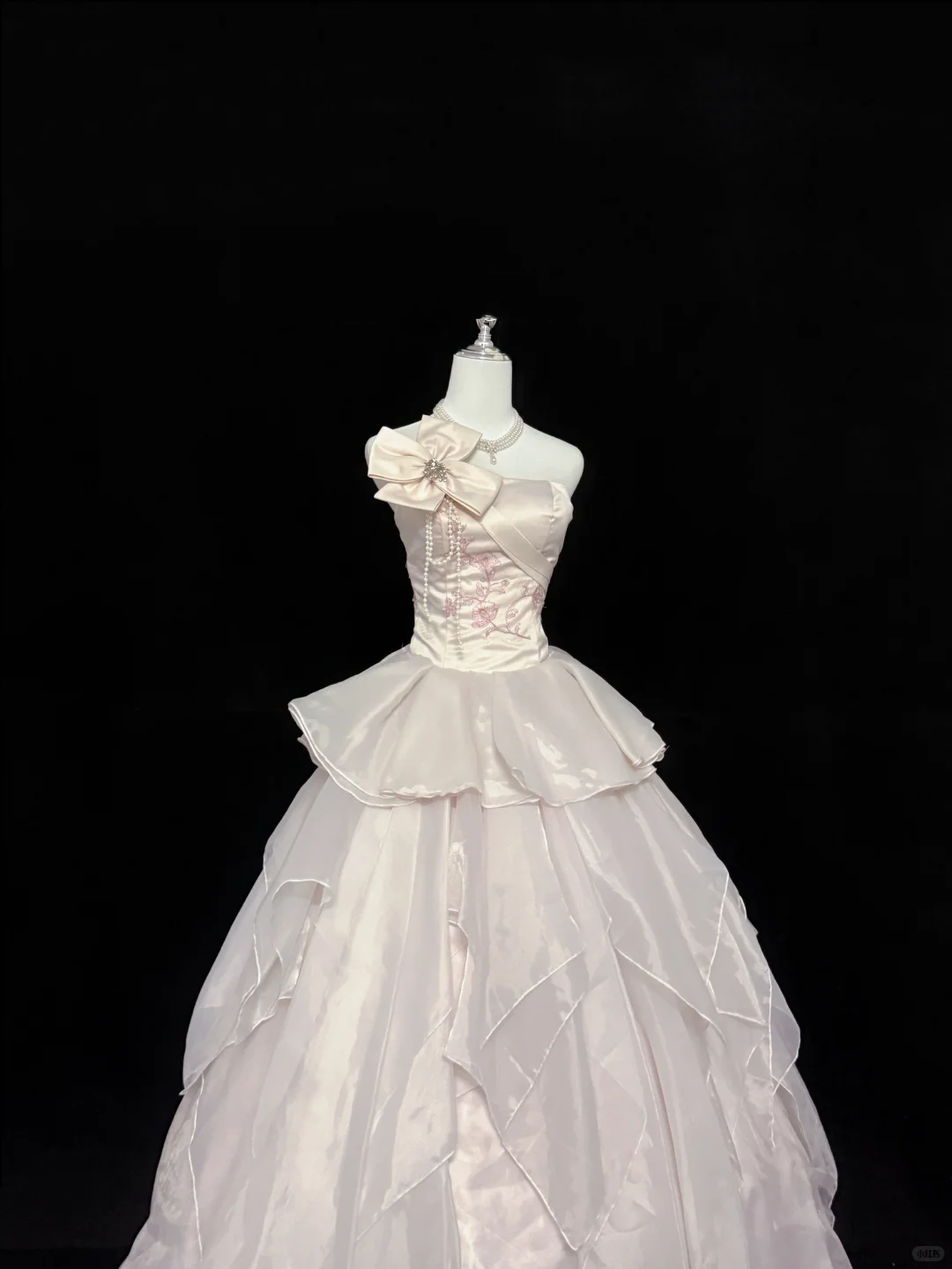 Blush Pink Satin Strapless Cinched Waist Multi-Layer Voluminous Skirt Long Romantic Dress, Wedding Gown gh7855