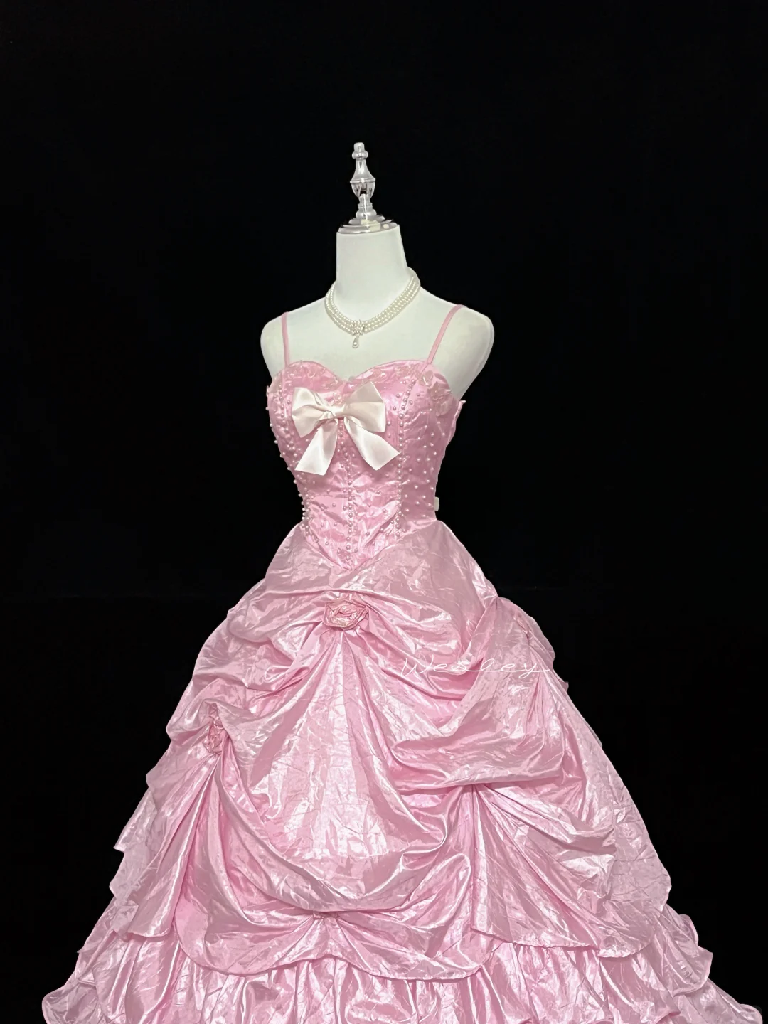 Pink Spaghetti Strap Cinched Waist Vintage Royal Voluminous Skirt Long Romantic Dress, Wedding Gown gh7941