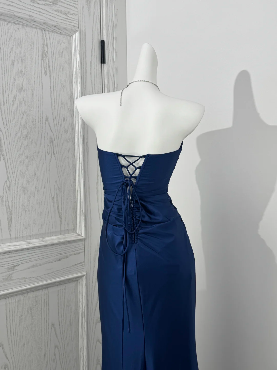 Navy Blue Strapless Waist-Cinched Slim Slit Sexy Prom Evening Gown gh7218