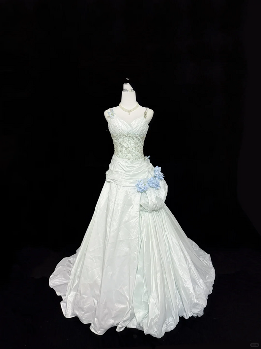 Sage Green Spaghetti Strap Beaded Cinched Waist Slim Sexy Mermaid Skirt Long Romantic Dress, Wedding Gown gh7892