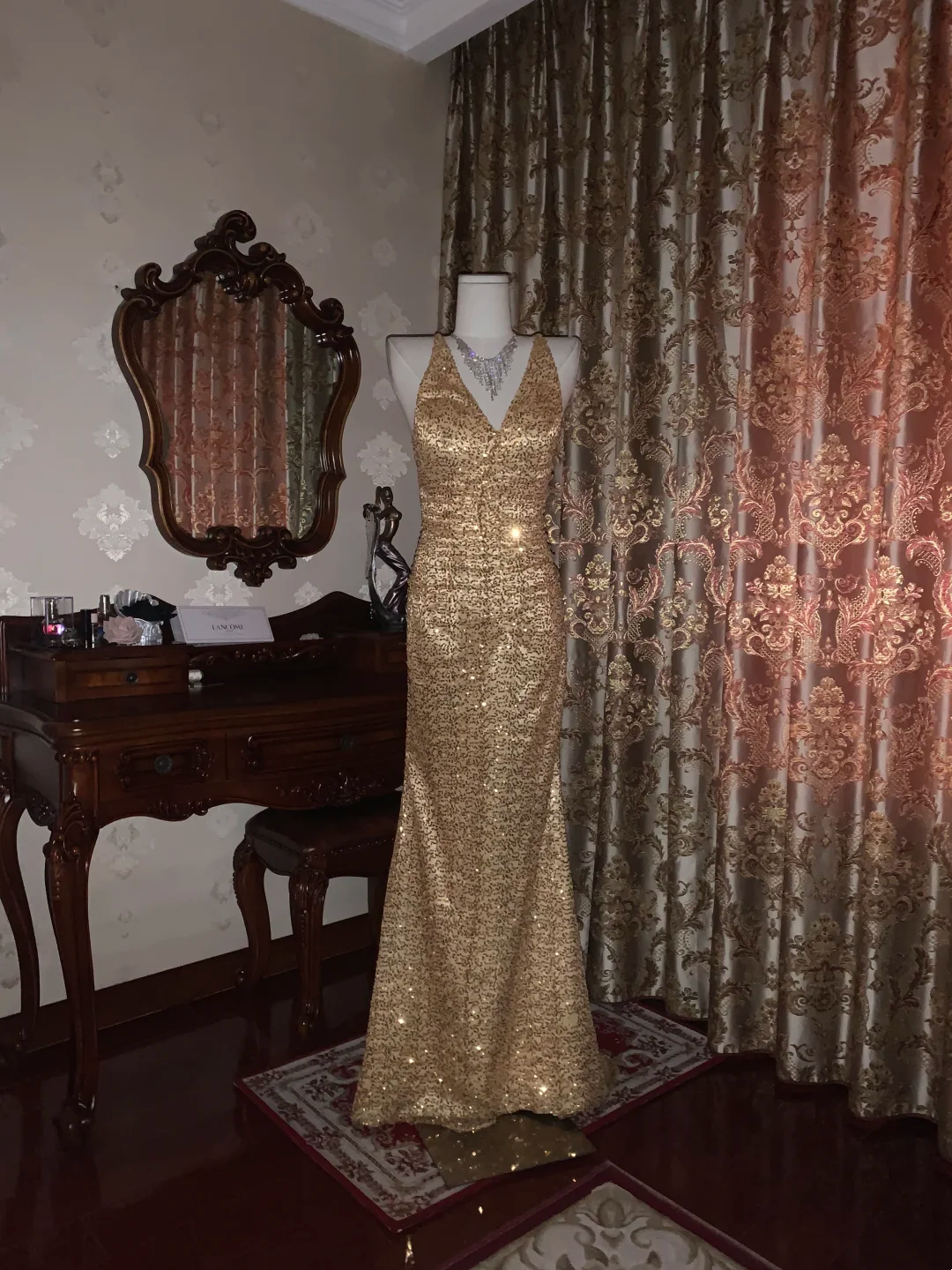 Gold Sequin Spaghetti Strap Fitted Waist Slim Sexy Prom Gown, Evening Dress, Graduation Prom Dress gh7262