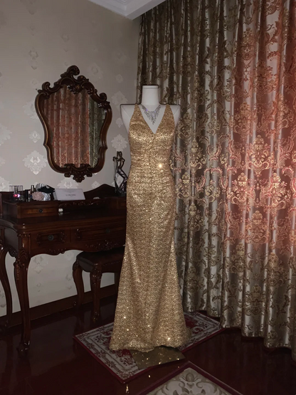 Gold Sequin Spaghetti Strap Fitted Waist Slim Sexy Prom Gown, Evening Dress, Graduation Prom Dress gh7262