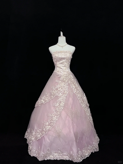 Blush Pink Gradient Strapless Cinched Waist Voluminous Lace Skirt Long Romantic Dress, Wedding Gown gh8027