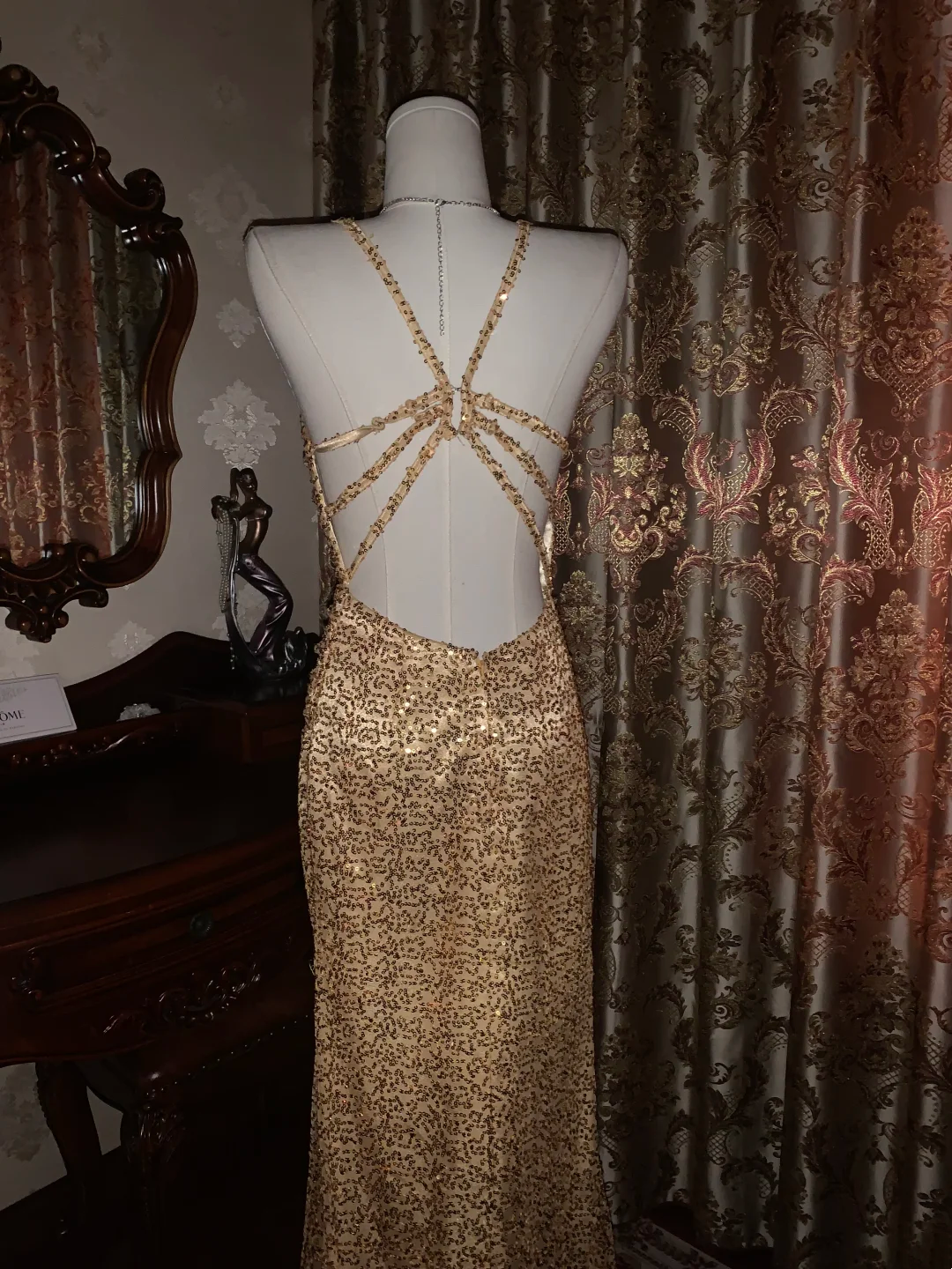 Gold Sequin Spaghetti Strap Fitted Waist Slim Sexy Prom Gown, Evening Dress, Graduation Prom Dress gh7262