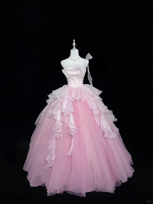 Blush Pink Strapless Cinched Waist Voluminous Princess Skirt Long Romantic Dress, Wedding Gown gh7981