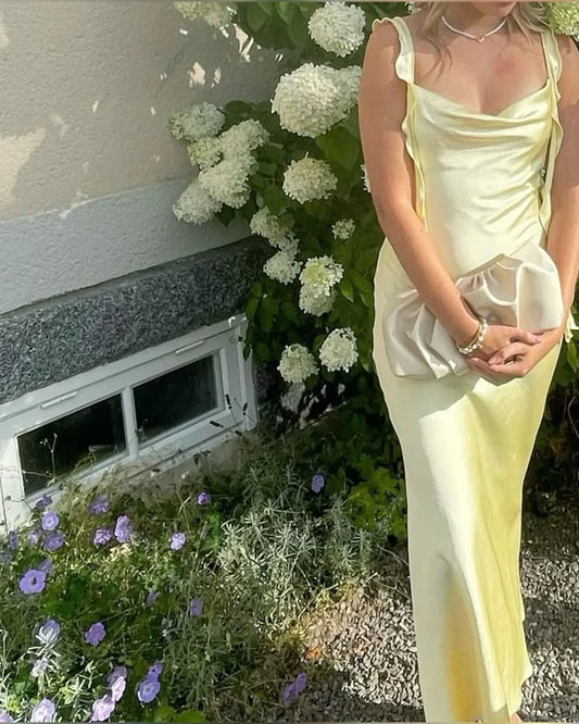 💛🍋Yellow Fashion Elegant Long Slim Fit Ruffle Satin Ball Gown Evening Dress Garden Party Dress Graduation Dress Prom Dress Wedding Guest Party Dress Bridesmaid Dress gh3984