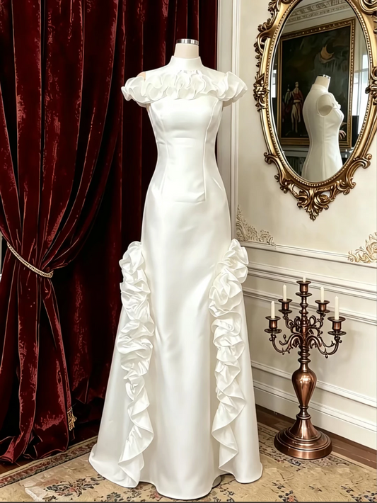 White High Neck Waist-Cinched Fitted Lace Trim Skirt Elegant Evening Dress, Fairy Gown, Romantic Gown gh7487