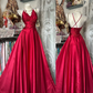 Red Satin Spaghetti Strap Fitted Waist Long Flared Prom & Evening Party Dress gh8475