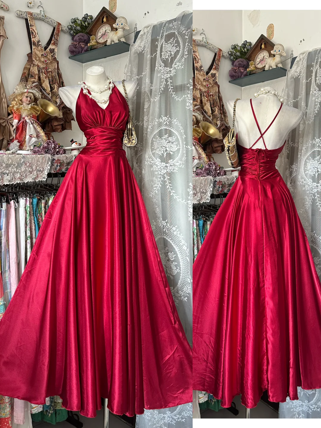Red Satin Spaghetti Strap Fitted Waist Long Flared Prom & Evening Party Dress gh8475