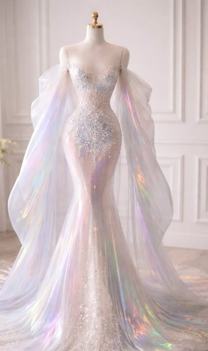 ✨Girlhomeshops-Iridescent Mermaid Wedding Dress Detachable Organza Sleeves gh10177