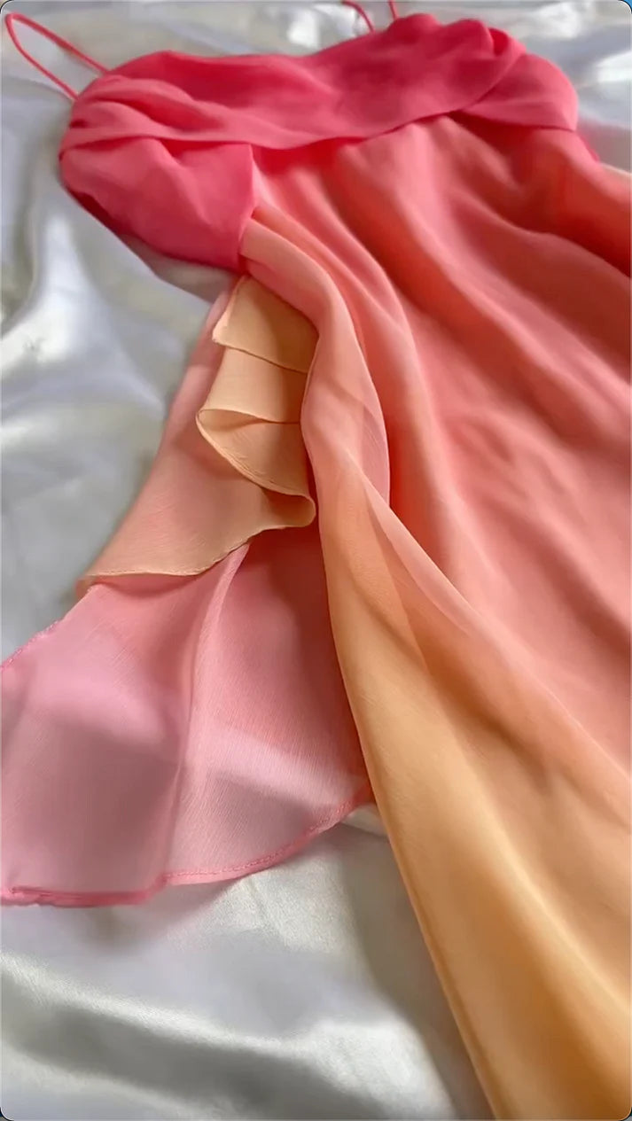 orange mode farbverlauf elegante spaghetti trägern lange chiffon ballkleid abendkleid partykleid gh3608