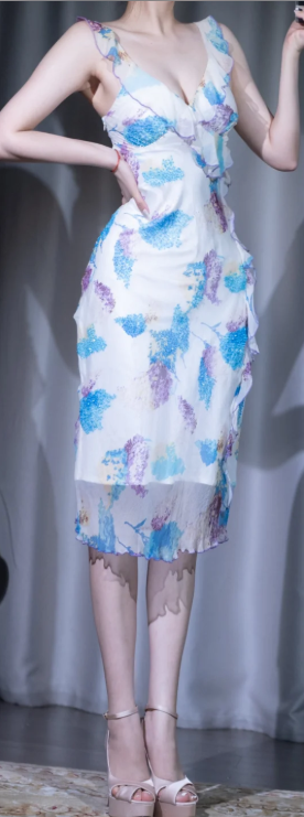 ✨Girlhomeshops-Watercolor Floral V Neck Ruffle Midi Chiffon Prom Gown gh10115