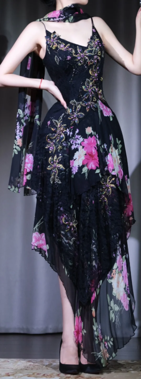 ✨Girlhomeshops-Black Floral Spaghetti Strap Beaded Lace Asymmetrical Midi Cocktail Dress with Shawl gh10021