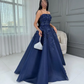 Marineblaues, trägerloses Ballkleid mit 3D-Blumenapplikationen und Perlenstickerei, bodenlanges Abendkleid für formelle Hochzeiten und Abendveranstaltungen gh7098