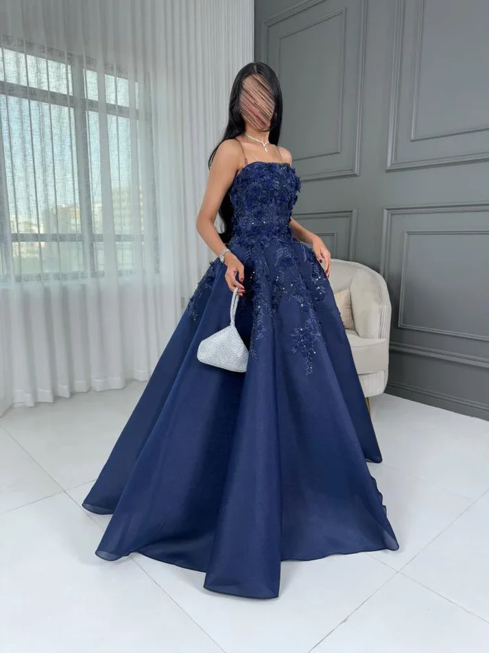 Marineblaues, trägerloses Ballkleid mit 3D-Blumenapplikationen und Perlenstickerei, bodenlanges Abendkleid für formelle Hochzeiten und Abendveranstaltungen gh7098