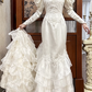 Ivory Vintage Satin Mermaid Wedding Prom Dress, Sheer Illusion Sweetheart, Leg‑of‑Mutton Puff Sleeves, Floral Lace Appliqués, Multi‑Tier Ruffled Cake Train gh8689