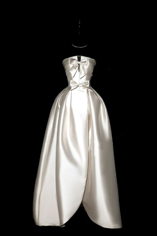 Girlhomeshops - Elfenbeinweißes Satin-Brautkleid mit Schleife, langes Ballkleid, GH5389