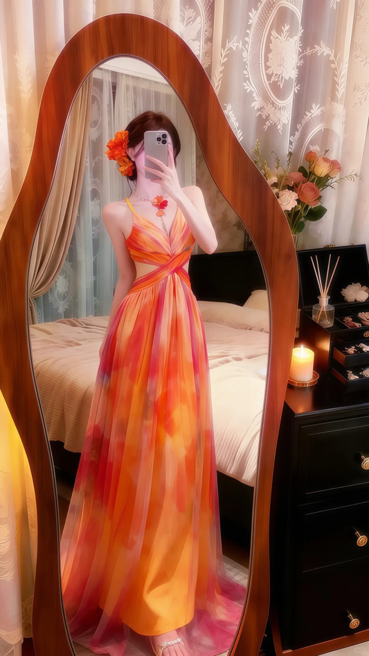 Orange‑Red Tie‑Dye Spaghetti Straps Evening Gown, Deep V Neck Cutout Waist Chiffon Floor‑Length Prom Dress gh9142