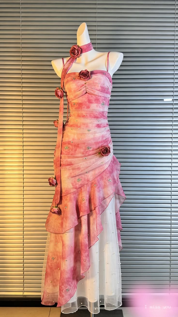 Pink Spaghetti Straps Waist-Cinched Slimming Evening Dress, Fairy Gown, Romantic Gown gh7432