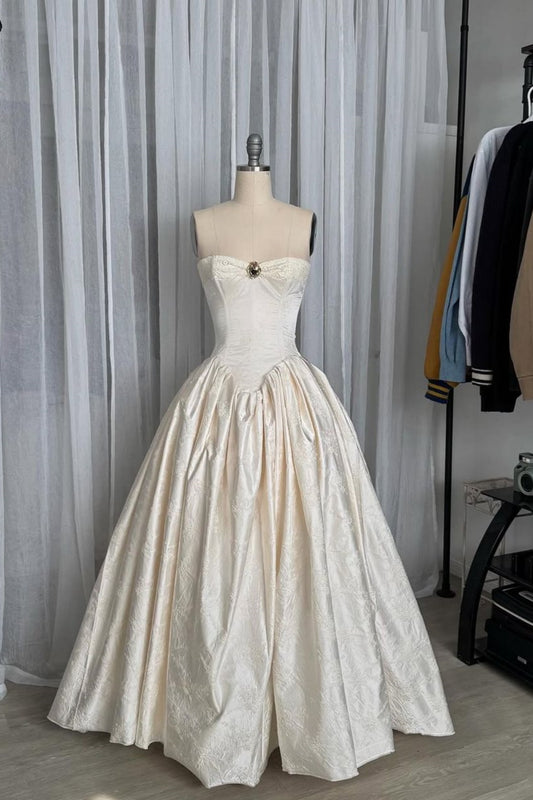 girlhomeshops--Ivory Vintage Elegant Long Satin Dress gh5703