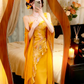 Golden Yellow Spaghetti Straps Evening Gown, Floral Print Mermaid Dress With Tassel Knit Shawl Prom Dress gh9135