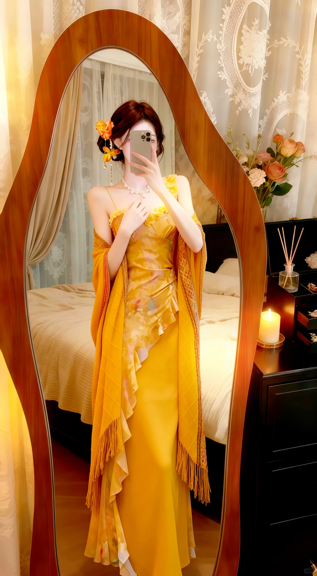 Golden Yellow Spaghetti Straps Evening Gown, Floral Print Mermaid Dress With Tassel Knit Shawl Prom Dress gh9135