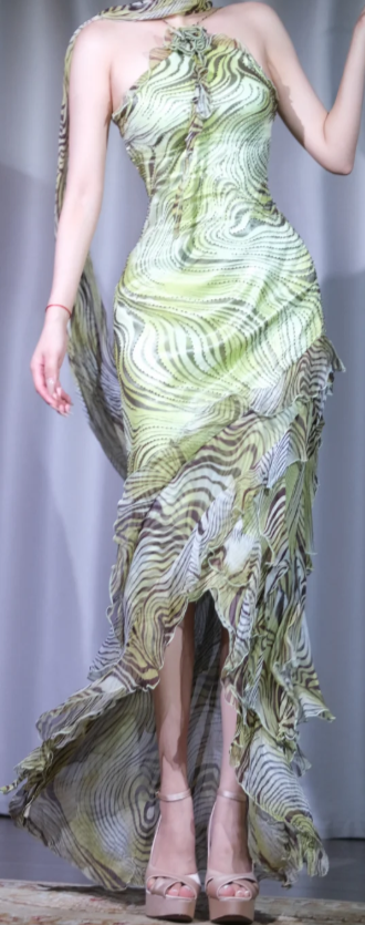 ✨Girlhomeshops-Halter Green Print Prom Dress, Asymmetrical Ruffle High Slit Chiffon Long Evening Gown gh9952