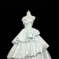 Sage Green Satin Premium Strapless Cinched Waist Voluminous Skirt Long Romantic Dress, Wedding Gown gh7856