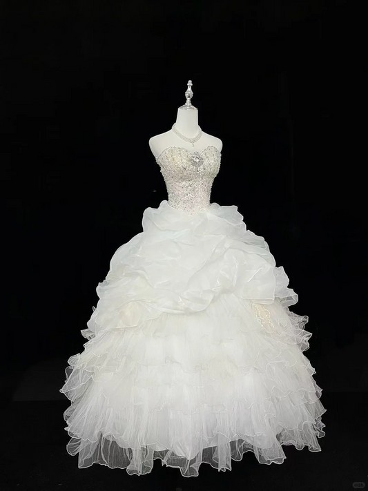 White Strapless Beaded Cinched Waist Voluminous Princess Skirt Romantic Dress, Wedding Gown gh7942