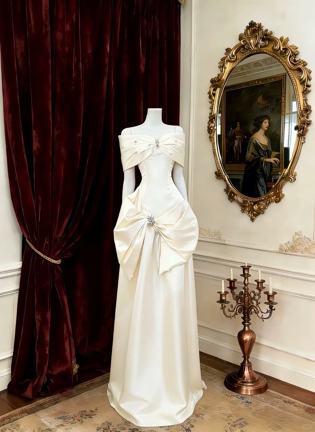 Bow Neck Off-Shoulder Waist-Cinched Fitted Unique Flared Long Evening Dress, Fairy Gown, Romantic Gown gh7488