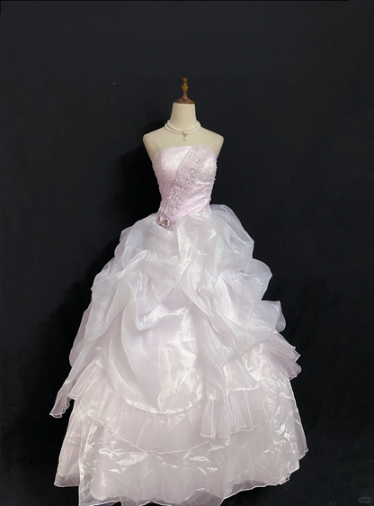 Blush Pink Strapless Long Romantic Gown with Fitted Waist and Voluminous Princess Skirt, Wedding Dress & Bridal Gown gh8293