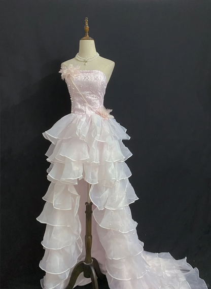 Blush Pink Strapless Sexy Long Romantic Wedding Dress, Cinched Waist with Slit gh8343
